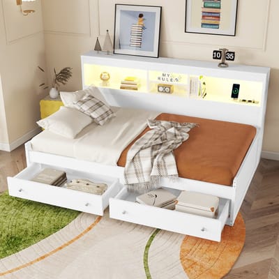 MODFU - Bedframe 90x200 cm – Wit MDF/spaanplaat met 2 lades & LED – 2 USB/2 laadpoorten