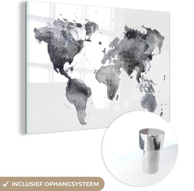 ® Glasschilderij 120x80 cm - Schilderij acrylglas - Wereldkaart - Abstract - Grijs - Waterverf - Foto op glas - Muurdecoratie woonkamer - Wanddecoratie slaapkamer - Schilderijen