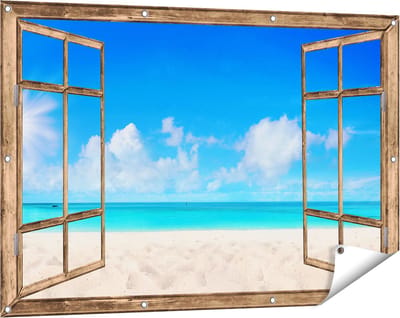 Gards Tuinposter Doorkijk Strand en Zee met Helder Witte Zand - 120x80 cm - Tuindoek - Tuindecoratie - Wanddecoratie buiten - Tuinschilderij