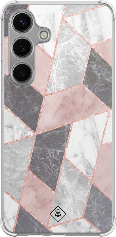 Casimoda® hoesje - Geschikt voor Samsung Galaxy S24 - Stone grid marmer / Abstract marble - Shockproof case - Extra sterk - TPU/polycarbonaat - Roze, Transparant