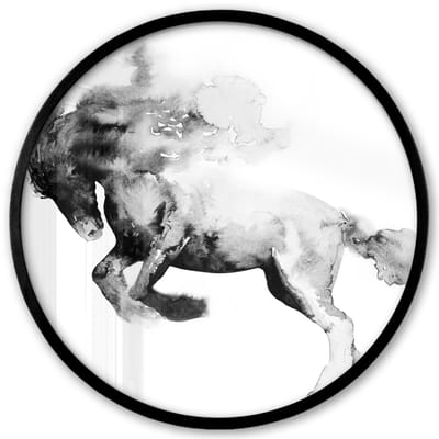 Poster in lijst Rond - Fotolijst 40x40 cm - Posters - Schilderij - Paard - Dieren - Olieverf - Zwart - Wit - Ronde posterlijst zwart - Decoratie - Wanddecoratie woonkamer - Muurdecoratie slaapkamer