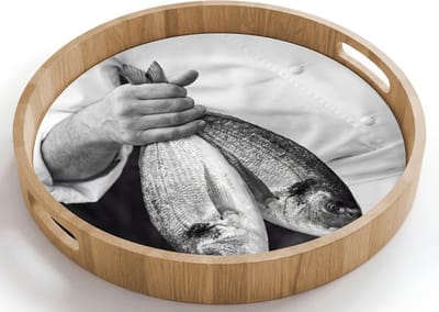 Dienblad rond 40x40 cm - Schootdienblad hout - Vissen - Chef - Zwart - Wit - Borrelplank rechthoek - Plateau houten dienbladen