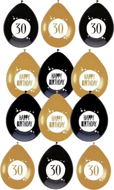 Haza - Feestartikelen verjaardag 30 jaar 24x mix ballonnen zwart/goud