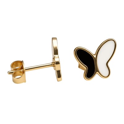 Aramat Jewels | Oorbellen | Vlinder oorbellen zwart & wit – goudkleurig RVS | | | |9mm | Staal | Kinderen, Volwassenen | Verkleurd niet