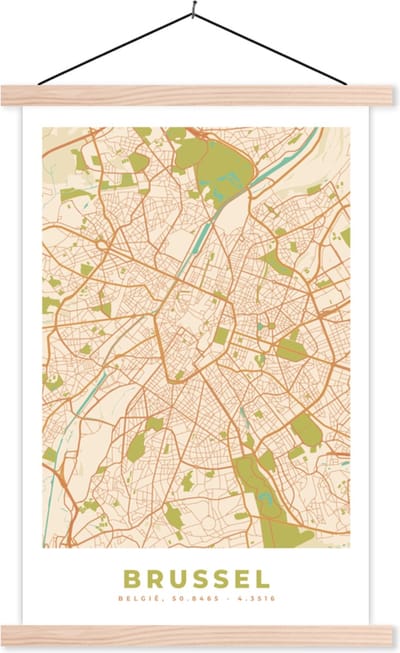 Posterhanger incl. Poster 40x60 cm - Schoolplaat - Brussel - Stadskaart - Plattegrond - Kaart - Vintage - Textielposter - Blanke latten - Stadskaart