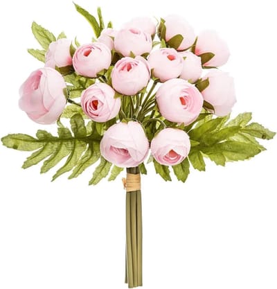 Atmosphera kunstbloemen - boeket - 18 mini camelia's - roze - 30 cm