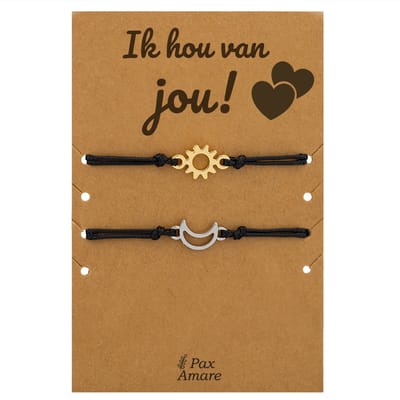 Vriendschapsarmbandjes voor 2 "Ik Hou van Jou" - Zon & Maan - Koppel Armbandjes met Lief Cadeau Kaartje - Zilverkleurig & Goudkleurig - Elastisch Verstelbaar - Pax Amare