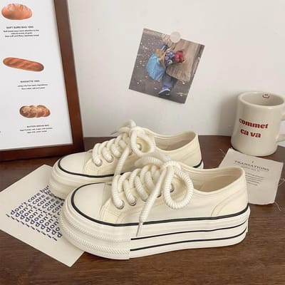 Crème Platform Canvas Schoenen Dames Dunne Lente en Herfst Nieuwe Ins Tide Niche Grote Kop Muffin Student Witte Schoenen 38 beige