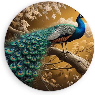 Saammp Muurcirkel Hout - Pauw tussen de bloemen en vlinders - Dieren - Natuur - Ø 90 - Wandcirkel - Wanddecoratie Cirkel - muurdecoratie Woonkamer - Slaapkamer decoratie - Rond Schilderij