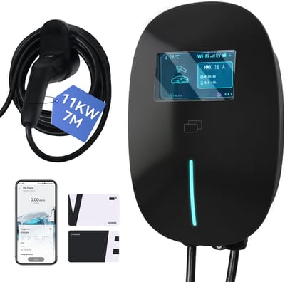Puluomis - Wallbox EV Charger 11 kW - Smartcharge laadpaal met app - 7 meter kabel - Type 2 - 3-fase - 6–16A instelbaar - Zwart