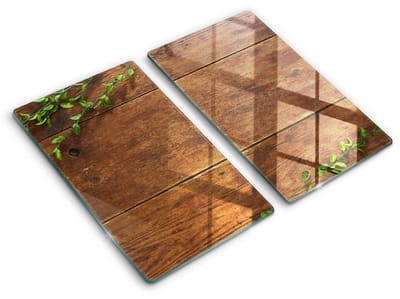 Wallfluent Spatscherm Keuken - Bruin Spatbescherming Kookplaat - Set 2 Stuks 30x52 cm - Houten Planken En Bladeren Keuken Achterwand Bescherming - Bloemen en planten Rechthoekig Spatscherm Keuken