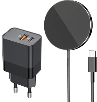 Draadloze oplader geschikt voor MagSafe - met usb C adapter 35w 2 poorten - magnetisch - qi2 - 1m - zwart