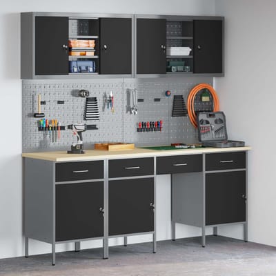 vidaXL - Werk - Cabinet - met - lade - 10 - st - Zwart - Engineered - hout - en - staal