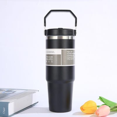 Draagbare Autobeker Roestvrijstalen Thermosbeker met Rietje & Handvat Dubbelwandige Reis Sport Waterfles Koffie Thermosfles 890ml