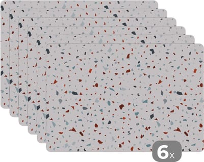 Placemat - Placemats kunststof - Terrazzo - Abstract - Patroon - 45x30 cm - 6 stuks - Hittebestendig - Anti-Slip - Onderlegger - Afneembaar