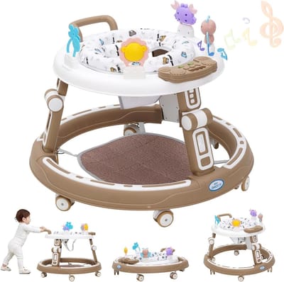 Walking Aid with Toy, Footrest, 6 Wheels, Cushion Rotatable, 360° Mute Switch, for Storing Foldable, Children from 6 Months, Brown