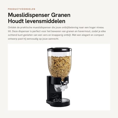 Dailygoods- Mueslidispenser - Kunststof - Geschikt voor granen/havermout - 1x enkele dispenser - 19x14,5x40 cm - Houdt levensmiddelen vers - Graandispenser
