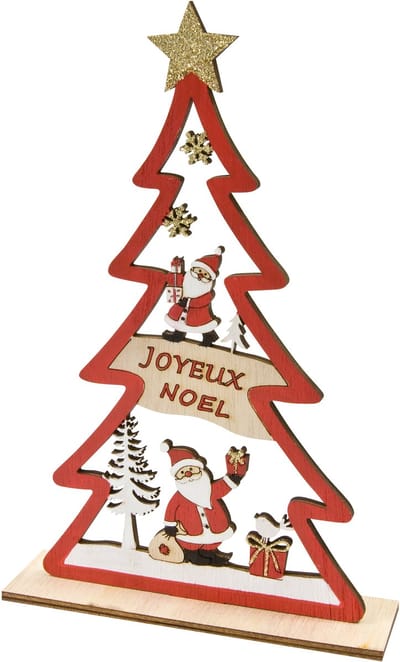HOBI - Houten decoratie rode kerstboom vrolijk kerstfeest 23 x 15 x 4 cm voor tafel