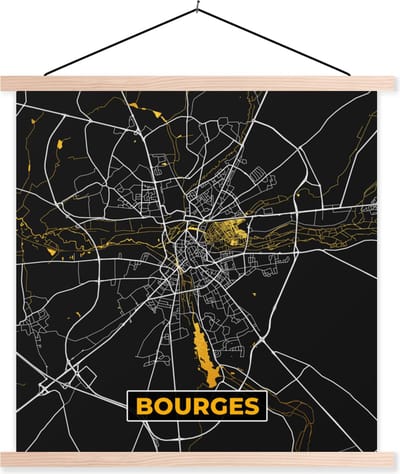 Posterhanger incl. Poster 40x40 cm - Schoolplaat - Frankrijk – Bourges – Stadskaart – Plattegrond – Kaart - Textielposter - Blanke latten - Stadskaart