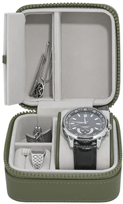 Groene Canvas Horloge- en Sieradenbox voor Compacte Opberging