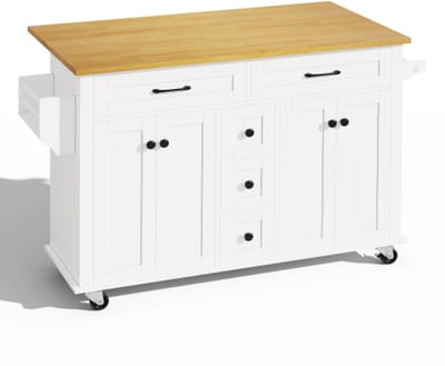 Multifunctionele keukenwagen met uitklapbaar werkblad, 120×65 cm uitbreidbaar, met 5 lades, kastjes, kruiden- en handdoekenrek, op wielen – kookeiland voor keuken, eetkamer en woonkamer