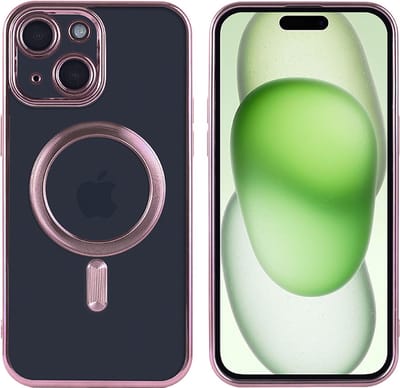 Hoesje Geschikt voor iPhone 15 Plus Magsafe hoes - Lens beschermer – backcover – Transparant / Rosegoud