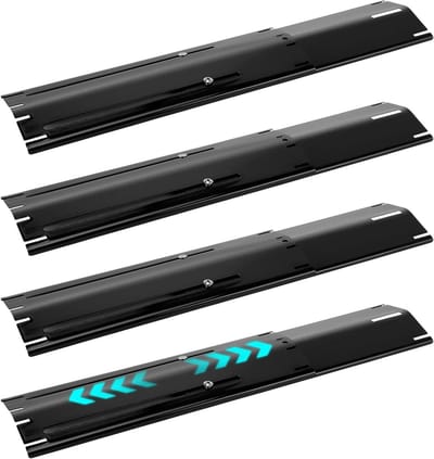 Verstelbare vlamdispenser voor gasbarbecues, set van 4 geëmailleerde stalen branderafdekkingen, 29 - 54 cm, perfect voor grillen, barbecue accessoires en buiten koken