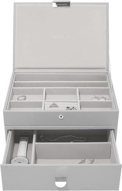 Juwelendoos Set - Opbergdoos Sieraden - Sieraden Opbergen - Zachte Voering Meerdere Vakken - Set Van 2 - Pebble Grijs
