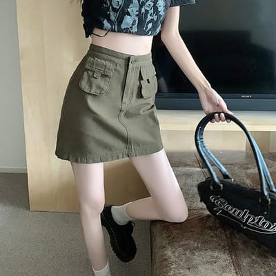 Culottes d'été à poches zippées pour femmes, sexy, taille haute, jupe de hanches, jupe courte trapèze L vert d’armée