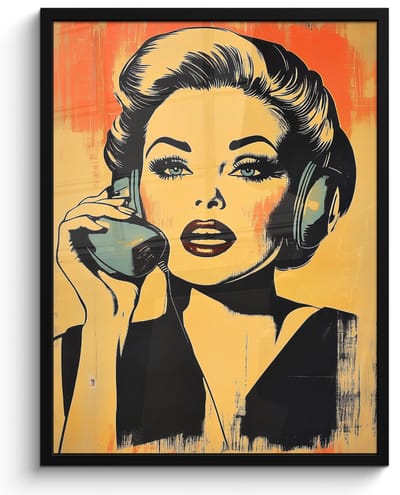 Poster in lijst - Fotolijst 50x70 cm - Posters - Retro - Vrouw - Koptelefoon - Oranje - Posterlijst zwart - Decoratie - Wanddecoratie woonkamer - Muurdecoratie slaapkamer