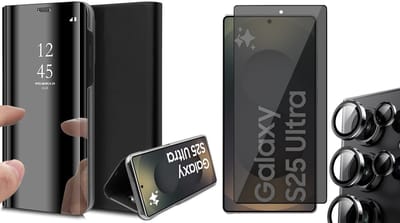 Hoesje geschikt voor Samsung Galaxy S25 Ultra - Privacy Screenprotector Volledig Dekkend Glas & Camera - Spiegel Book Case Zwart