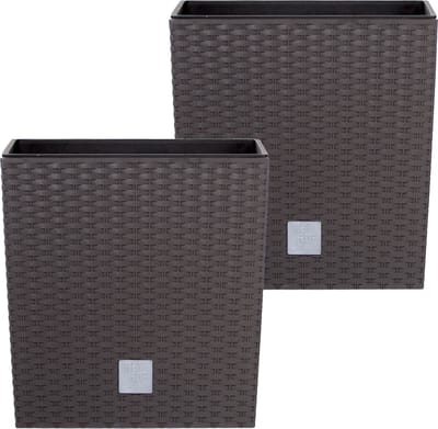 Prosperplast Bloempot/plantenpot Rato - 2x - rotan look - met binnenpot - bruin - 32 x 32 x 33 cm - kunststof