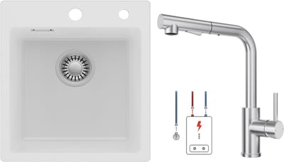 Auralum max Spoelbak voor keuken 40x45CM - Graniet Spoelbakken Met Lage druk Keukenkraan - Enkele spoelbak Wit - Met waterafvoersysteem - Voor 40 cm kast