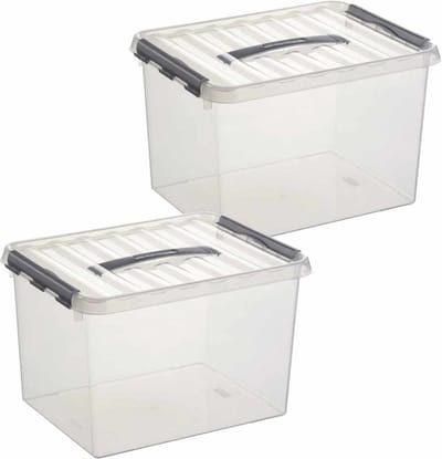 2x sunware q-line opberg box/opbergdoos - 22 liter - 40 x 30 x 26 cm - kunststof - opslagbox - transparant/zilver