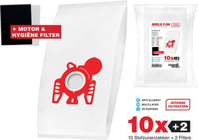 10x FJM 3D Stofzuigerzakken Geschikt voor Miele + Filter set - Hygiëne en Motor filter meegeleverd! Premium kwaliteit - Multi lagen - Anti Allergie -Geschikt voor o.a. Miele C2, C1, S6, S4, S6000, S4000, S700, S500, S300, S200