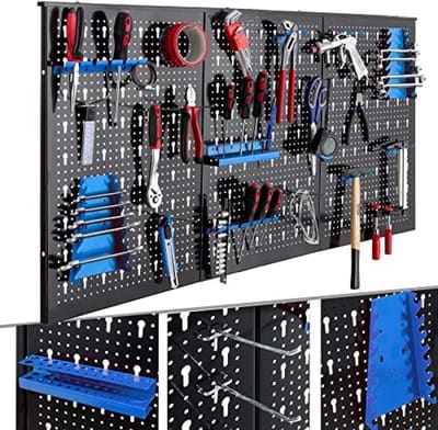 Driedelige gereedschapswand | 17-delige haken set | 120 x 60 x 2 cm | Geperforeerde metalen gereedschapswand + beugels + bevestigingsmateriaal