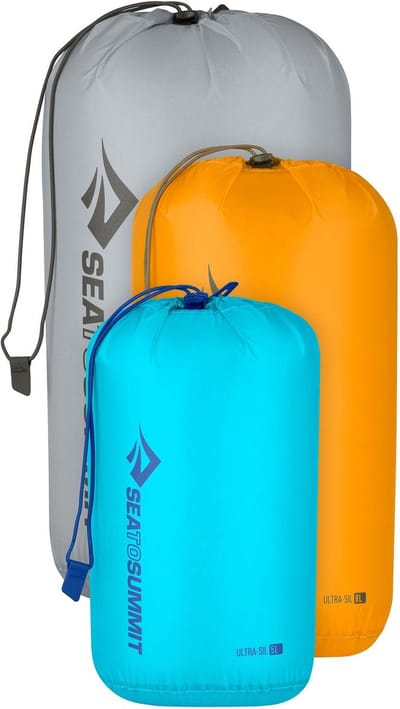 Sea to Summit Pakzak Ultra-Sil Stuff Sack Set 5, 8, 13L Blue Atoll, Zinnia, High Rise Grijs