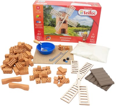 Teifoc® Bouwdoos – Windmolen Bouwset – 100 onderdelen – Echte mini Bakstenen met Cement, Kom en Troffel – Bouwpakket voor kinderen vanaf 6 jaar