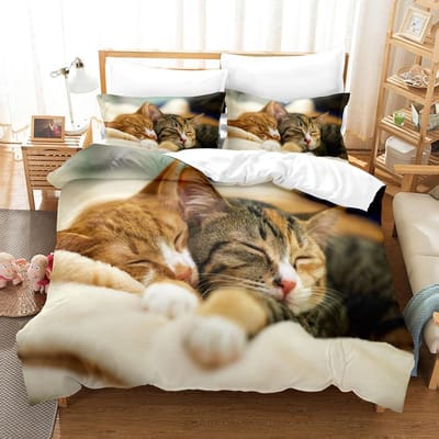 Dieren Kat Beddengoed Sets Quilt Bedovertrek Dekbedovertrek Kussensloop 2-3 Stuks Sets Kinderen Volwassenen Slaapkamer Decoratie EU Single 135x200cm beige