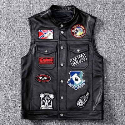 Gilet Eerste Laag Koeienhuid Echt Leer Jas Heren Kort Slim Fit Multi-logo Gilet Jeugd Trend S black