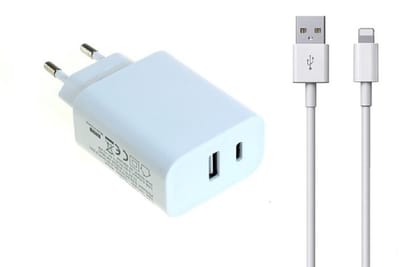 OneOne 20W Lader met USB A en C poort + 1,5m OneOne USB A naar Lightning kabel. USB C voor snelladen. Oplader adapter past op Apple iPhone 5, iPhone 5c, iPhone 5s, iPhone 6, 6 Plus, 6s, iPhone 7, 7 Plus, iPhone 8, 8 Plus, iPhone SE, iPhone X