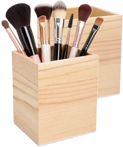 Excellent Houseware Make up organizer bakje - 2x - hout - 8 x 8 x 10 cm - vierkant - sorteerbakje - kwasten