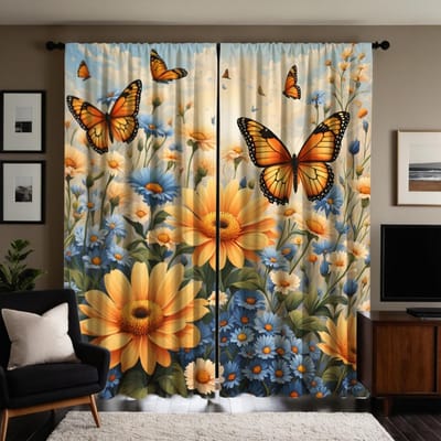 2 pièces Marguerites de jardin HD Papillon Rideau décoratif Jaune attache Rideau imprimé numériquement Décoration de maison style Salon décoratif W52H63inchW132H160cm beige