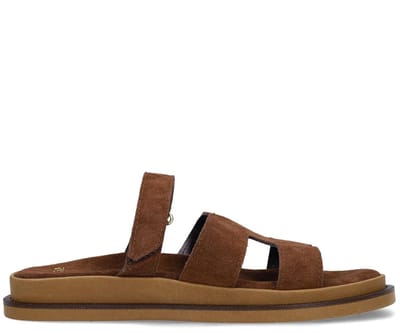 Manfield - Dames - Bruine suède slippers met bandje - Maat 36