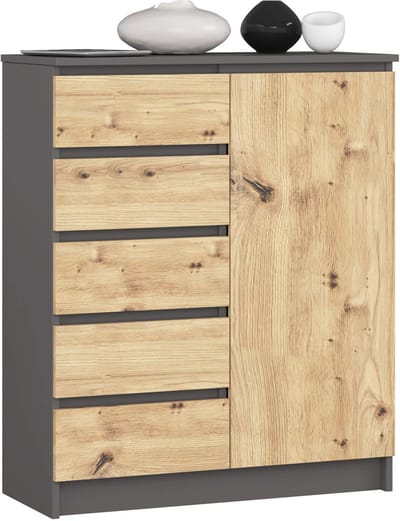Kommode K80 met 5 Lades en 1 Deur / AKORD Furniture Factory / Grafietgrijs - Eiken / 80 x 97 x 35 cm