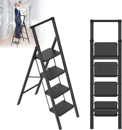 Inklapbare Trapladder - Vouwkruk Met Leuning - Veilig Klussen - Extra Breed Antislip Pedaal - 4 Treden - Zwart