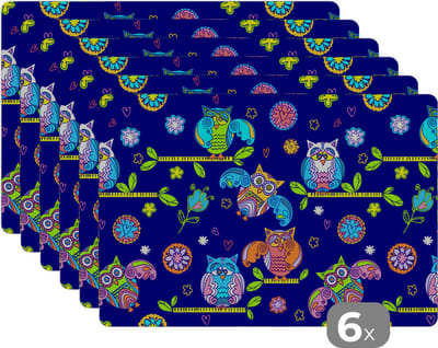 Placemat - Placemats kunststof - Patroon - Uil - Takken - 45x30 cm - 6 stuks - Hittebestendig - Anti-Slip - Onderlegger - Afneembaar