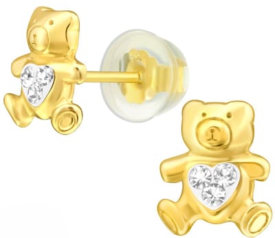 Joy|S - Zilveren beer oorbellen - kristal hartje - 8 x 9 mm - gold plated