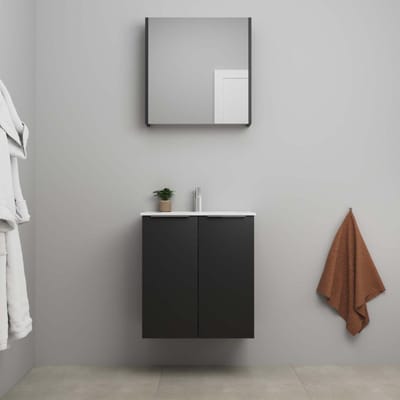 On-Line Badkamermeubelset - 60 cm - Bouwpakket - 2 Deuren met Greep - Porseleinen Wastafel - 1 Kraangat - Spiegelkast - Mat Zwart