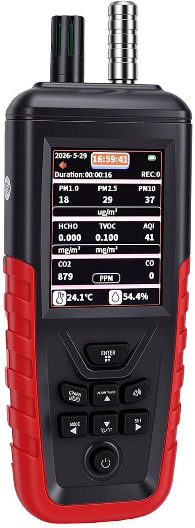 Luchtkwaliteitsmonitor - Luchtmeter - Binnenlucht Meten - Uitgebreide Analyse - 2200mAh Batterij - Wit